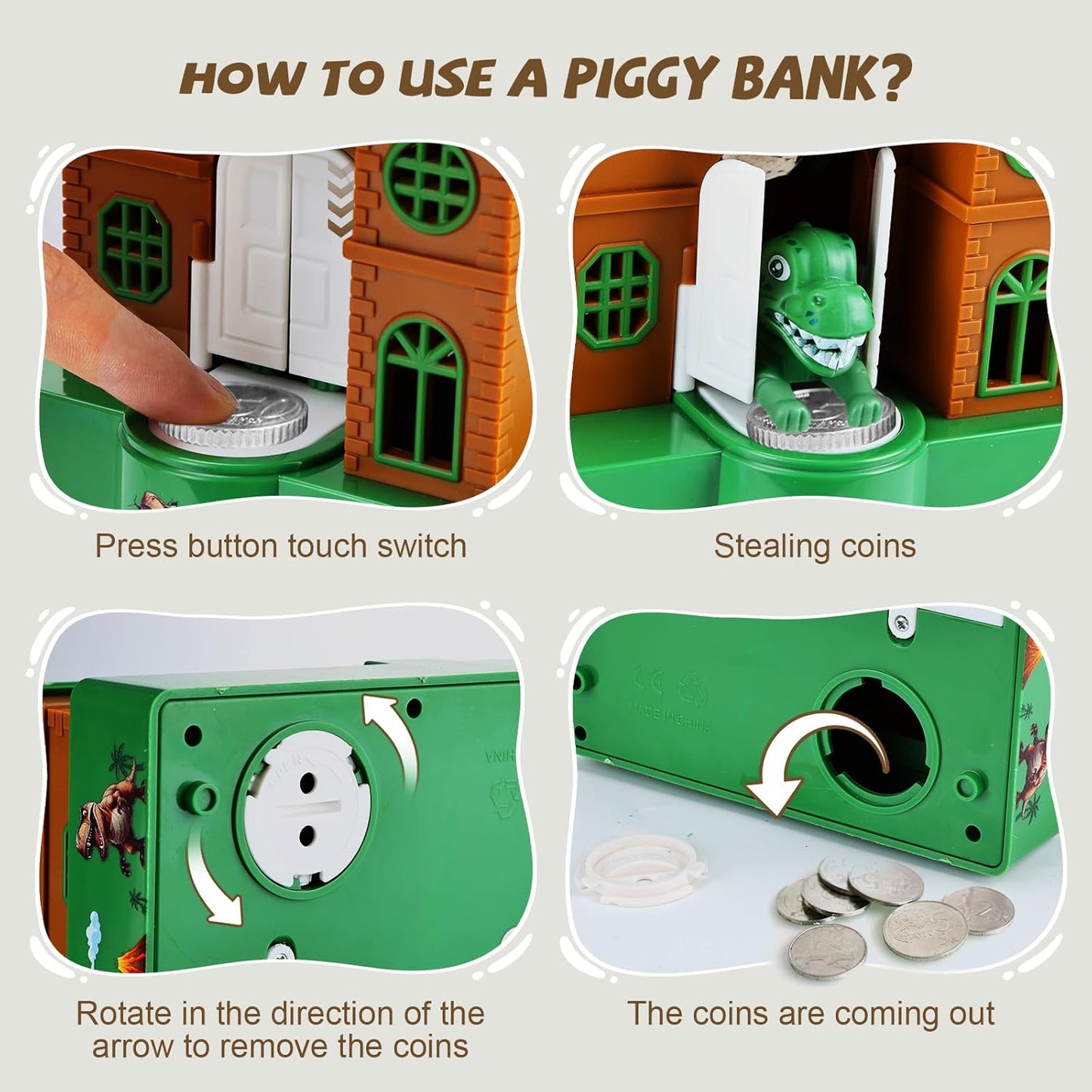 Children's Dinosaur Piggy Bank, Coin Stealing Cartoon Money Box, Automatic Electronic Music Gift, House Shape