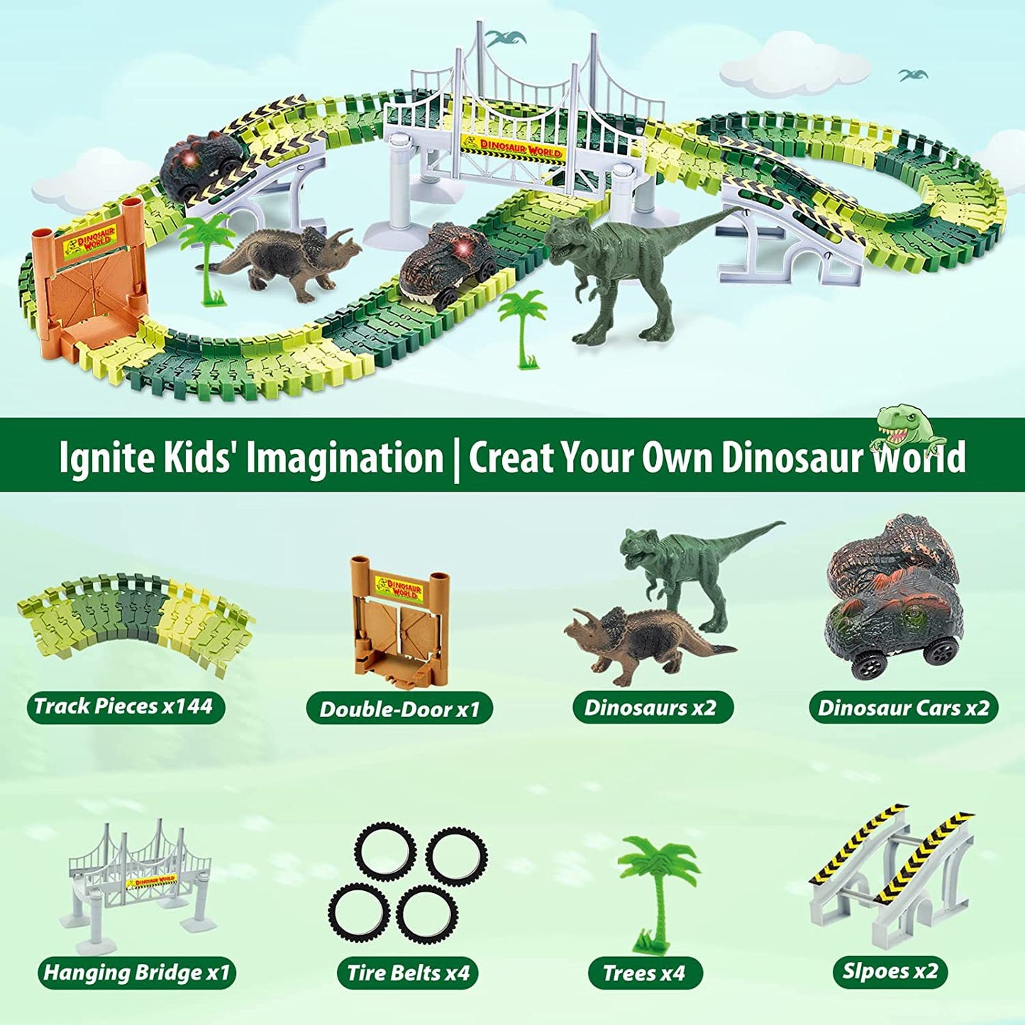 Cross-border electric versatile free combination splicing DIY rotating roller coaster dinosaur train