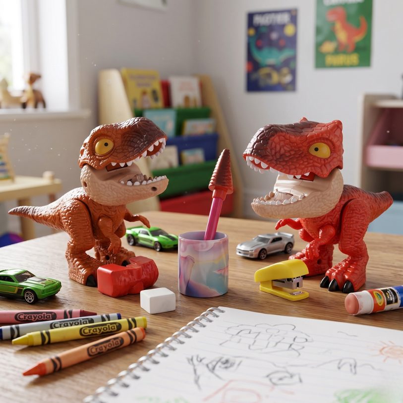 Papelería con diseño de dinosaurios: estuche 5 en 1 con sacapuntas