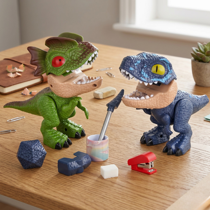 Papelería con diseño de dinosaurios: estuche 5 en 1 con sacapuntas
