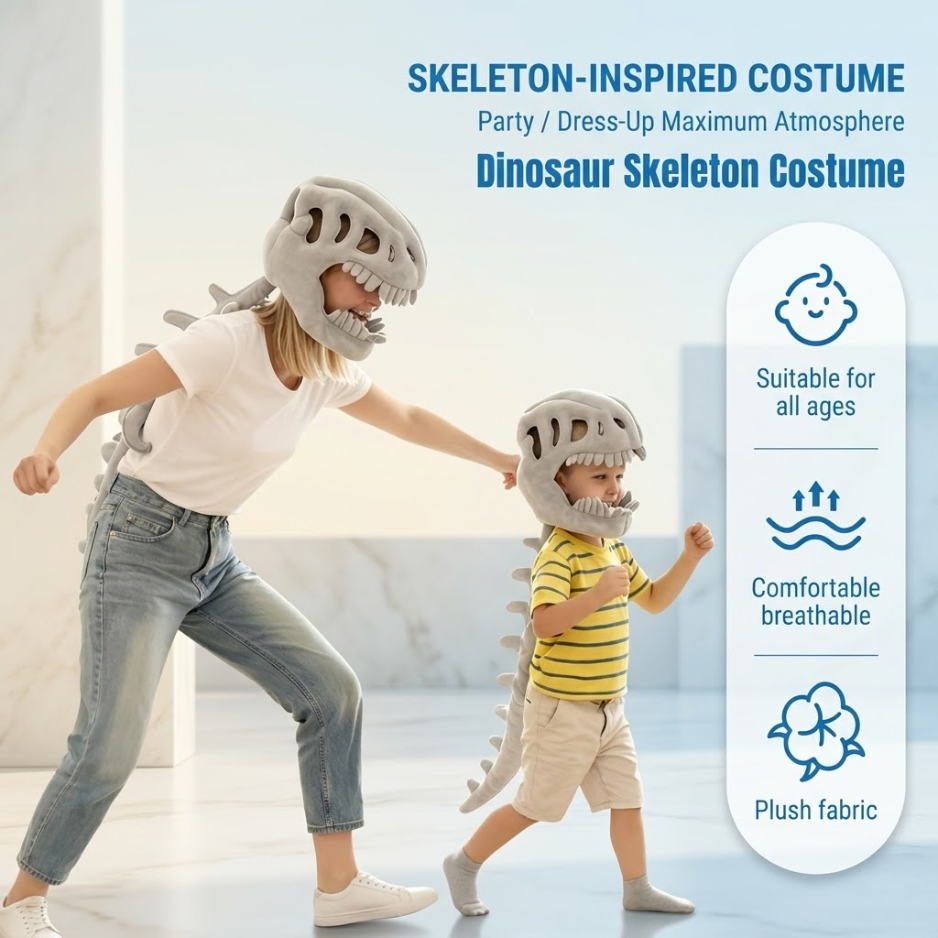 Large Dinosaur Skeleton Plush Cushion – Soft Dino Pillow (95cm & 125cm)