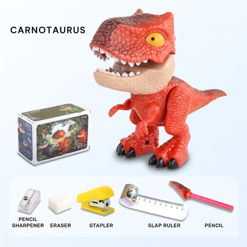 Papelería con diseño de dinosaurios: estuche 5 en 1 con sacapuntas