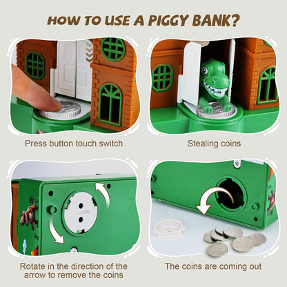 Children's Dinosaur Piggy Bank, Coin Stealing Cartoon Money Box, Automatic Electronic Music Gift, House Shape