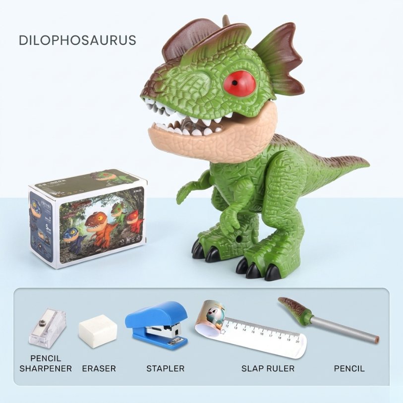 Papelería con diseño de dinosaurios: estuche 5 en 1 con sacapuntas