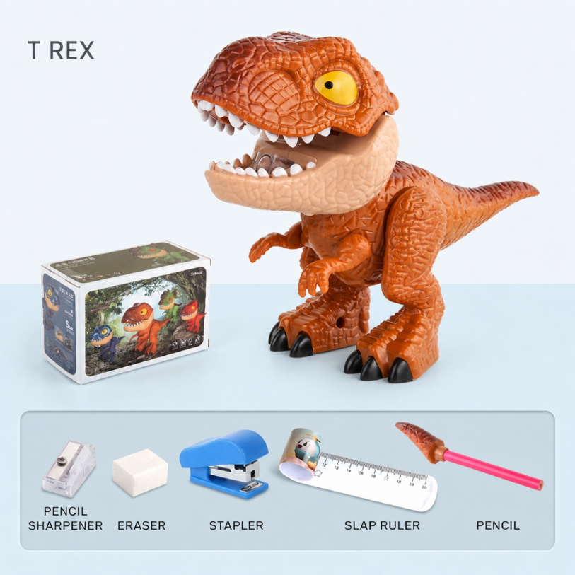 Papelería con diseño de dinosaurios: estuche 5 en 1 con sacapuntas