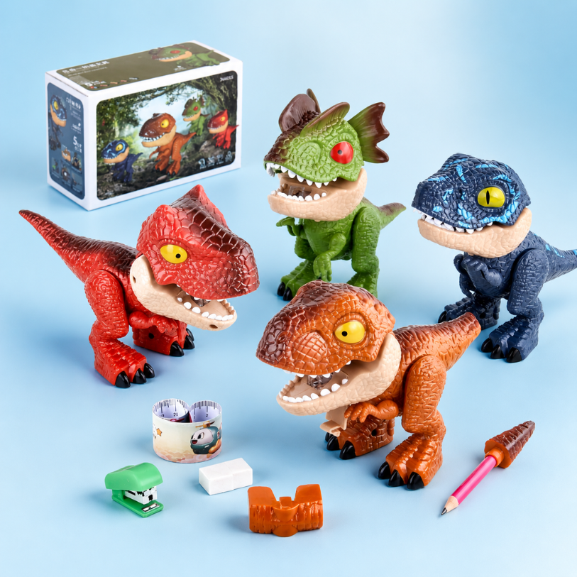 Papelería con diseño de dinosaurios: estuche 5 en 1 con sacapuntas