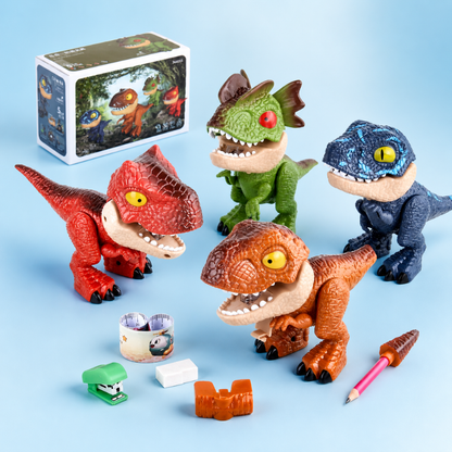 Papelería con diseño de dinosaurios: estuche 5 en 1 con sacapuntas