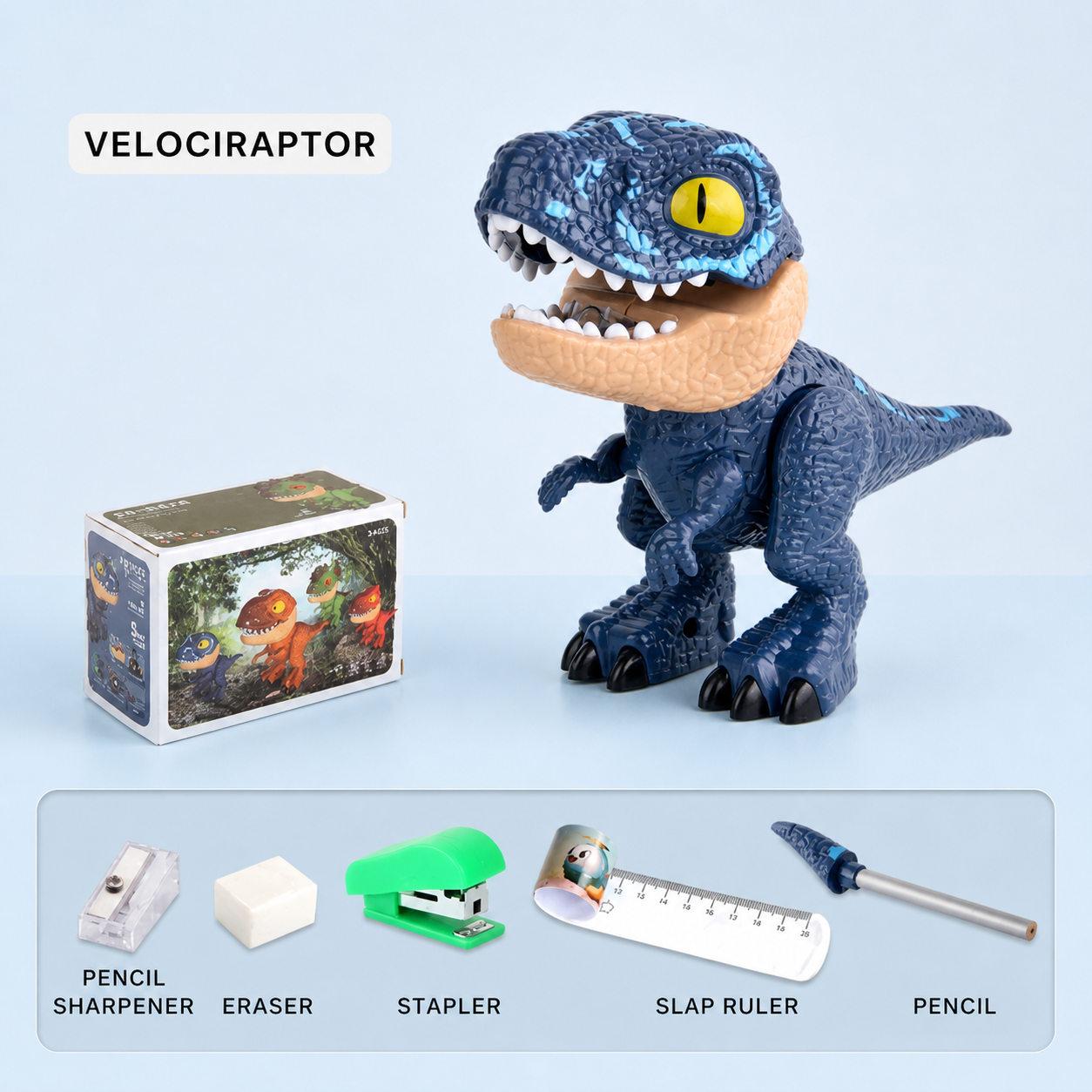 Papelería con diseño de dinosaurios: estuche 5 en 1 con sacapuntas